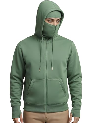 Image of ADRO Men Balaclava Hoodies | 320 GSM Soft Cotton Zipper Hoodie | Thumb-Hole Cuff Gloves | Travel Jacket with Hood | Winter Sweatshirt