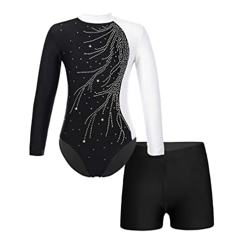 FEESHOW Mädchen Kinder Gymnastikanzug Ballett Gymnastikbody Turntrikot Gymnastikhose Shorts Sport Tanzoutfit Athletic Wettkampf Trainingsanzüge C_Weiß 134-140/9-10 Jahre Cover