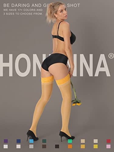 Image of HONENNA Sheer Thigh High Stockings, 17+ Colors Stay Up Lace Top with Anti-Slip Silicone for Women