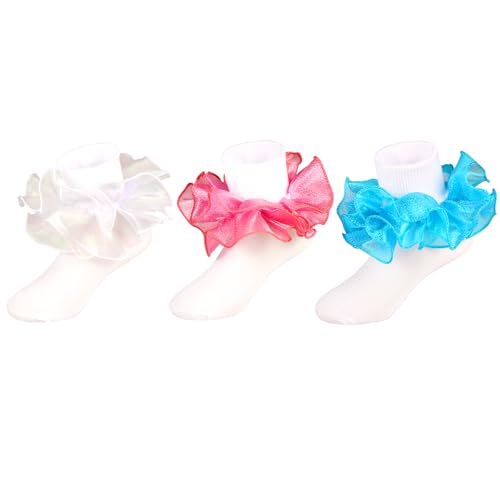 Toddler Girls Socks with Shimmering Double Big Ruffled Sock Turn Cuff Dress Socks for Little Girls