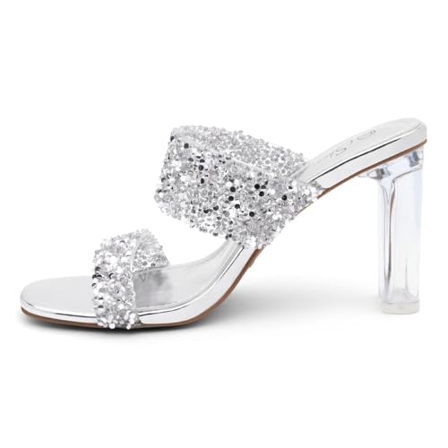 Image of Shoe Land Clear Heels for Women, Transparent Two Strap Chunky Block High Heel Mules, Slip On Square Toe Dressy Sandals for Wedding, Party, Prom