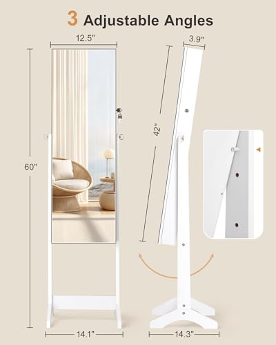 Image of Nicetree Jewelry Cabinet Armoire, Freestanding Jewelry Armoire Organizer with Full-Length Mirror, Lockable Jewelry Storage Cabinet, Frameless Mirror, 3 Adjustable Angles, Moon White