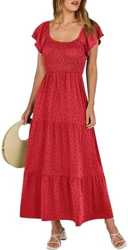 ANRABESS Women’s Casual Summer Maxi Dress Flutter Short Sleeve Scoop Neck Smocked A Line Flowy Beach Vacation Long Dresses