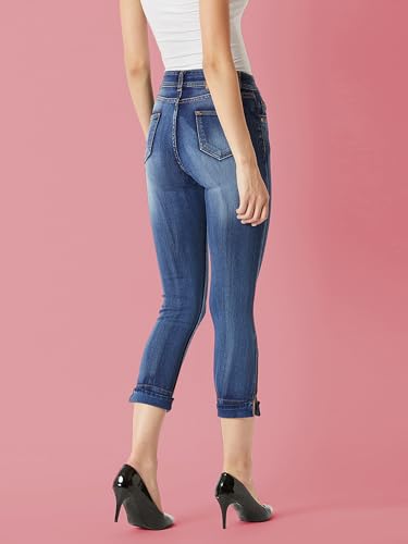 Image of Miss Chase Women's Skinny High Rise Cropped Fringed Hemline Detailing Stretchable Denim Jeans