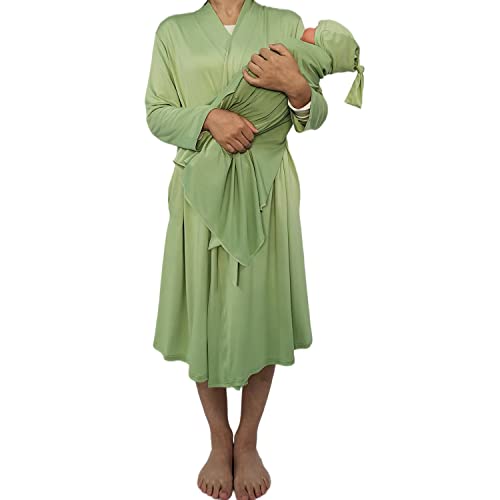 Image of SUFEINI Maternity Robe and Matching Baby Swaddle Blanket Set, Mommy Robe with Receiving Blanket Girls Boys Sleepwear