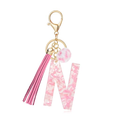 OKAICEN Pink Faux Tortoiseshell Pattern Initial Letter 'N' Keychain for Women Girls, Leopard Print Acrylic Alphabet Key Ring with Tassel & Pom Pom, Bag Charm for Car Keys Handbag Backpack Purse