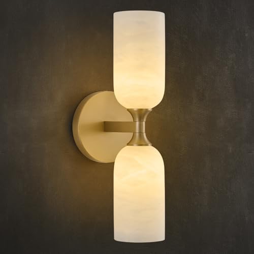 Vintage Alabaster Brass Wall Sconce: Antique Spanish Natural Marble Modern Vanity Wall Lights - 14" Cylinder Retro Brushed Gold Sconces - Indoor Sconce for Bathroom Bedroom Stair Hallway Liv