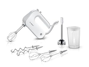Bosch Handrührer Styline MFQ4075DE, 2 Rührbesen, 2 Edelstahl-Knethaken, spülmaschinengeeignet, Pürierstab, Mixbecher, 5 Stufen plus Turbostufe, 550 W, weiß/silber