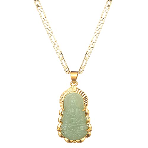 kelistom 18K Gold Plated Green GUANYIN Buddha Pendant Necklace for Women Men Buddhist Ornament Maitreya Buddha Amulet Hinduism 3MM Flat Figaro Necklace Chain
