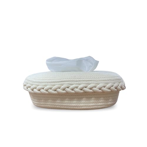 Image of BOBBINY Jute Cotton Tissue Box Holder, Handcrafted Tissue Container for 100 Pulls Natural Tissue Holder for Office Living Bedroom Car Desk Dining Table Home Decor (Off White, Design 2)