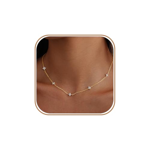 Bykuvo Dainty Gold Necklaces for Women Clover CZ Station Choker Jewelry