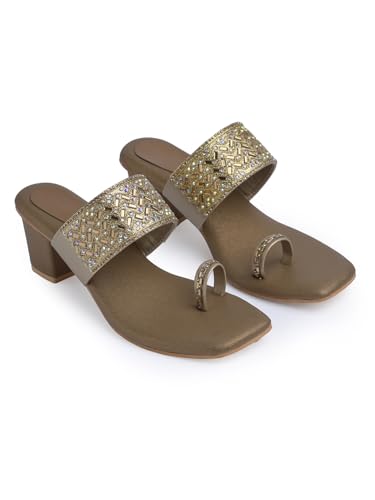 Image of JM LOOKS Women's Embellished Ethnic Heels Sandal with Toe Ring Design Comfortable Lightweight Heels for: Weddings, festive occasions.