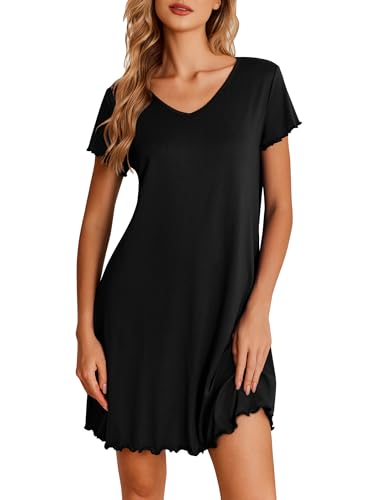 Ekouaer Nightgowns for Women Short Sleeve Sleepshirt V Neck Short Nightshirt Pullover Soft Ruffled Sleepwear Black XL