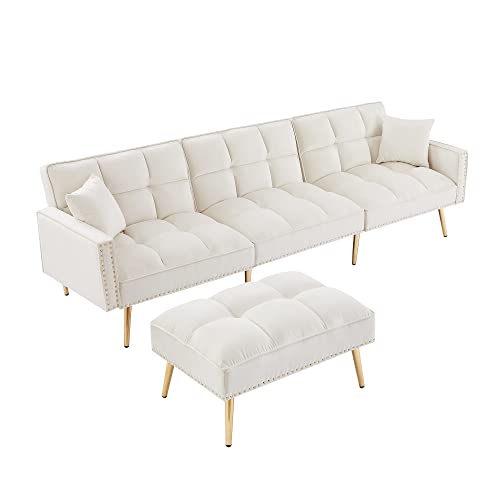 Ucloveria Sectional Sofa Couch, Convertible L-Shaped Sofa Bed With Adjustable Backrest & Movable Ottoman & 2 Toss Pillows, 3 In 1 Multi-Function Sleeper Sofa For Living Room Bedroom, Cream White #TOP4