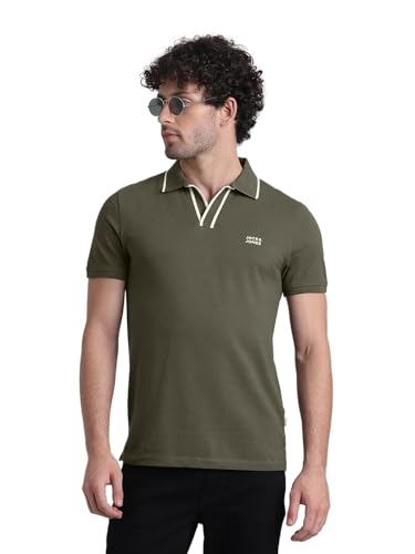 Image of Jack & Jones Men Solid Polo Collar Cotton Slim Fit T-Shirt