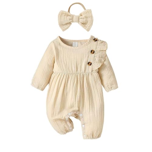Lehoso Newborn Infant Baby Girl Clothes Crew Neck Long Sleeve Button Down One Piece Smocked Baby Girl Romper (Beige, 0-1 Months)