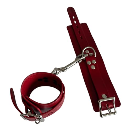 Slap Leather Premium Leather Wrist Cuffs, Lockable Design, Red, Silver Buckle