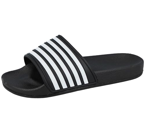 Image of Yinka Shoes Womens Comfort Footbed Striped Pool Slide Sandals (Black/White, UK Footwear Size System, Adult, Women, Numeric, Medium, 3)