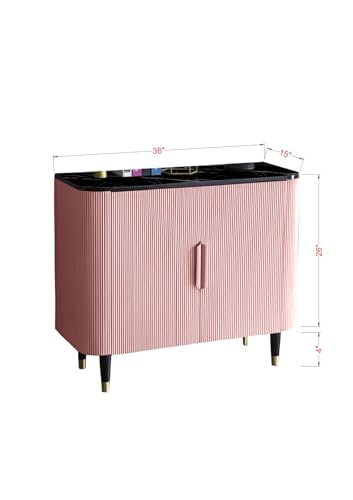 Image of Boston Console Table, Black Marble Top, Charcoal Louvers, Golden Accents, 36x15x30 Inch, Waterproof Plywood, 3-Shelf Storage Cabinet, Elegant Entryway or Living Room Display Table (Pink)