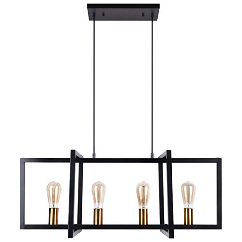 Flash Sale Merbotin 4-Light Black Rectangle Island Light, Industrial Modern Dining Room Chandeliers Farmhouse Linear Kitchen Hanging Lighting,Matte Black with Warm Brass