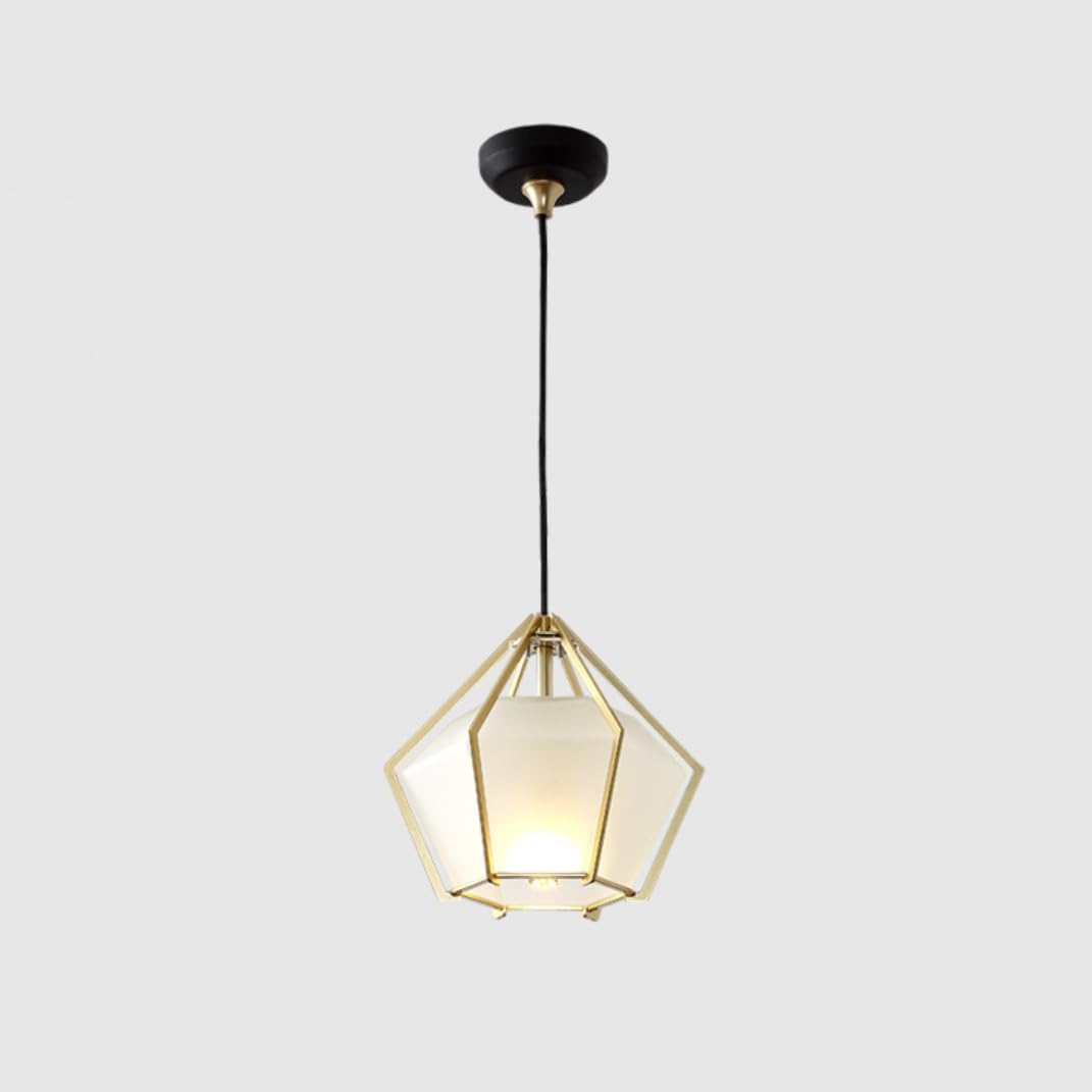 White Frosted Glass Pendant Light Fixture Gold Cage Pendant Lights Kitchen Island Lighting Diamond Shaped Mid Century Modern Hanging Ceiling Light with Metal Cage