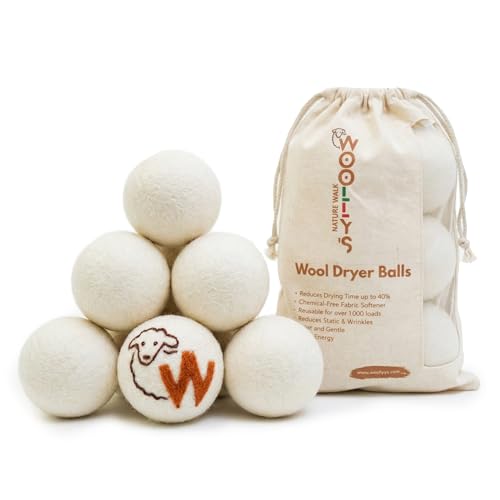 Woolly's Wool Dryer Balls – 100% Pure New Zealand Wool, Reusable Natural Fabric Softener, Reduces Drying Time & Clothes Wrinkles, Chemical-Free Dryer Balls (Pack of 6)