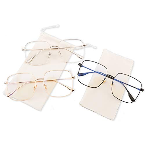 RTBOFY Blue Light Blocking Glasses Women Square Nerd Computer Glasses Oversized Eyeglasses Metal Frame Men (Gold+Silver+Black)