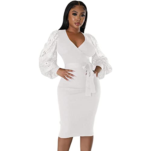 Image of BOGURST Semi Formal Church Dresses for Women Bishop Sleeve Sexy V Neck Bodycon Midi Dresses