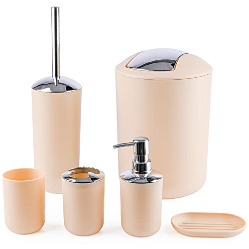 Papillon Bathroom Accessories Set-6 Piece Plastic Gift Set Toothbrush Holder,Toothbrush Cup,Soap Dispenser,Soap Dish,Toilet Brush Holder,Trash Can,Tumbler Straw Set Bathroom (Apricot)