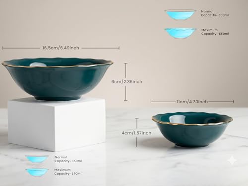 Image of Bodhi House 14-Piece Gold Rim Porcelain Dinner Set | Plates & Bowls Set | Lightweight, Chip Resistant, | Dishwasher Safe | Ideal for Home Dining, Gifting Tableware Set | Teal