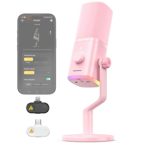 Image of MAONO PD100W Wireless Dynamic Microphone for iPhone, Android & PC (Pink) | USB-C & Lightning Receivers, Noise Reduction,RGB Lighting, Software EQ, for Gaming, Streaming and Content Creation