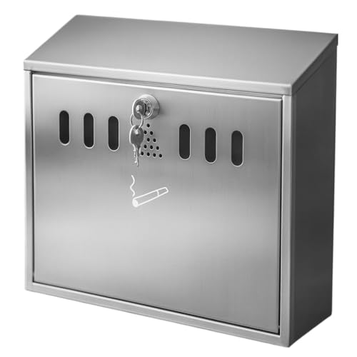 Wall Mounted Stainless Steel Ashtray – Lockable Outdoor Weatherproof Cigarette Bin with Key – Secure Wall Ash Tray for Pubs, Offices, Smoking Areas – 38x33.5x12.5cm (Silver)