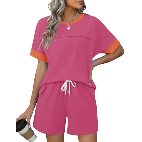 Rapbin Comfy Summer Sets with Pockets Loose Fit Color Block Design Matching 2 Piece Sets with Drawstring Waist Cb-rose Red Orange Small