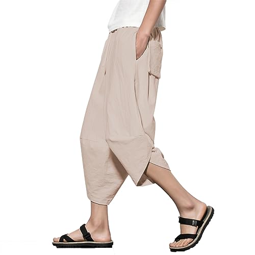 INVACHI Men's Linen Harem Capri Pants Lightweight Elastic Waist Casual Baggy Pants Beach Yoga Trousers