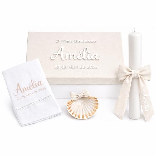 Kit de batismo personalizado, vela de batizado, toalha de linho e concha batismal, caixa de linho com nome e data, presente batizado, conjunto de batizado, para menino ou menina