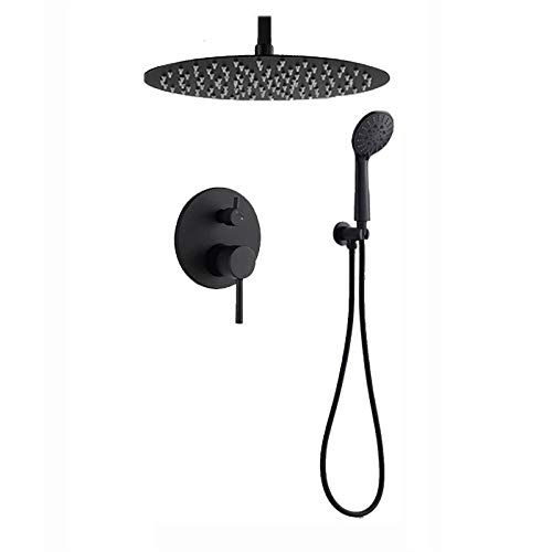 Colonne de douche noire avec ciel de pluie encastré et pommeau 3 jets