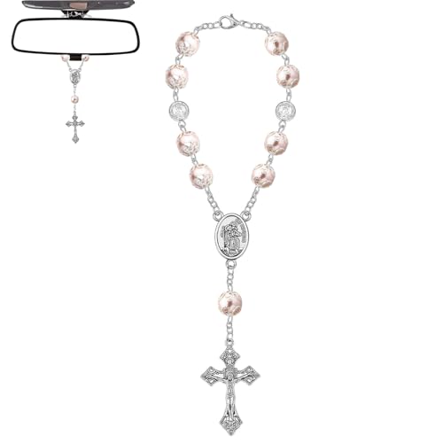 Mrltau Deko Christopherus Auto, Rückspiegel Auto Anhänger, Geschenk Heiliger Christophorus Auto, Auto Rückspiegel Anhänger, Auto Glücksbringer(rosa)