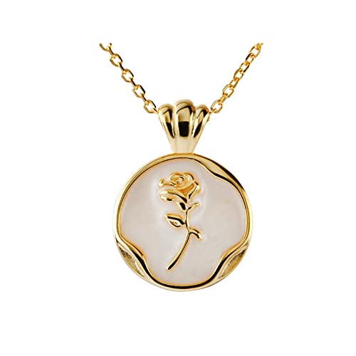 Round Rose Flower Pendant Necklace for Women 925 Sterling Silver Shell Pearl Embossed Link Chain Adjustable Birthday Wedding Anniversary Jewelry for Mother Daughter 18 Inch