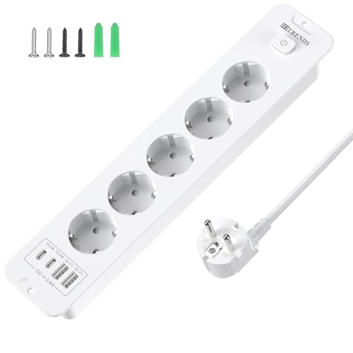 Versenkte Steckdose mit USB, Einbausteckdose mit Schalter, 5 Fach Tischsteckdose, Steckdosenleiste mit 2M Kabel, Steckerleiste mit 2 USB A+2 USB C(PD 20W), Steckdose für küche Tischplatte, Weiß