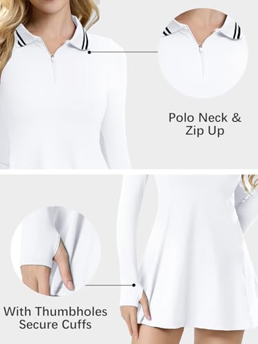 ECUPPER Womens Long Sleeve Tennis Dress Workout Athletic Golf Dresses Polo Outfits with Shorts & Thumbholes4