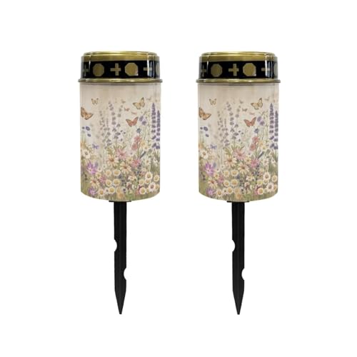 Image of Poceacles Solar Lights Outdoor Solar Powered Outdoor Cemetery Stake Lights Grave Solar Lamp Landscape Lighting Waterproof Grave Flameless Candles, Butterfly Daisy Lavender Floral, Pack of 2