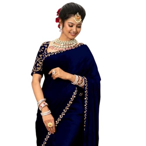 Dream Crushers Women's Heavy Velvet Saree with Embroidery Border ...