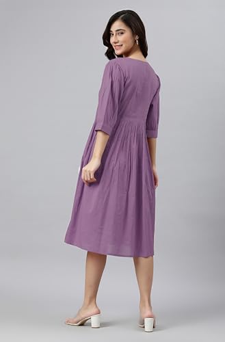 Image of Janasya Women's Cotton Solid Flared Dress
