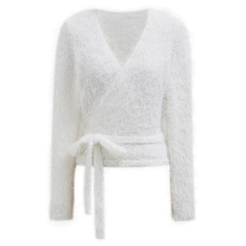 CHICWISH Women Fuzzy V Neck Wrap Knit Top Tie Waist Knot Long