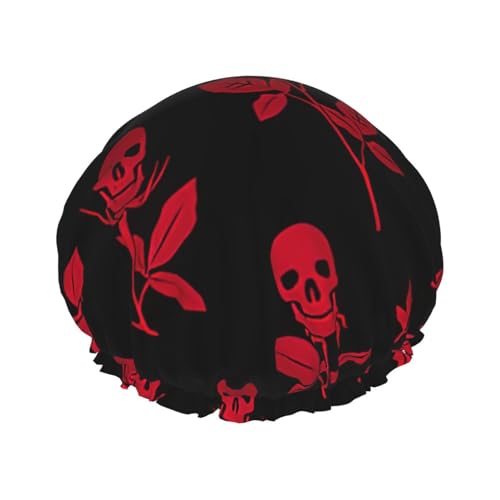 Gorro de ducha con estampado de calavera y rosa, gorro de pelo reutilizable con forro y banda elástica con dobladillo elástico