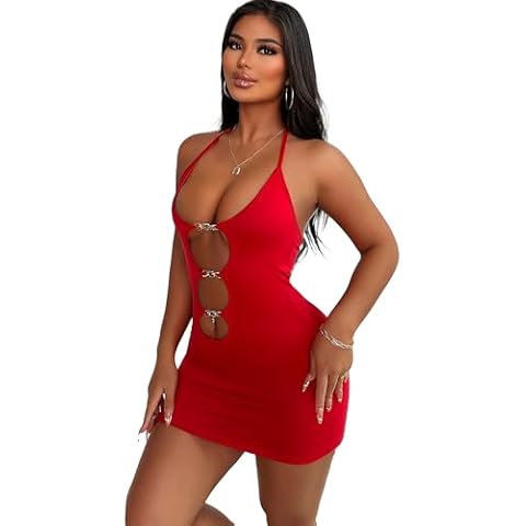Slutty Dresses for Women Sexy Rave Outfits for Women Clubbing Outfits Outcast Clothing Micro Dress Strip Stripper Outfit (US, Alpha, Large, Regular, Regular, Red) Cover