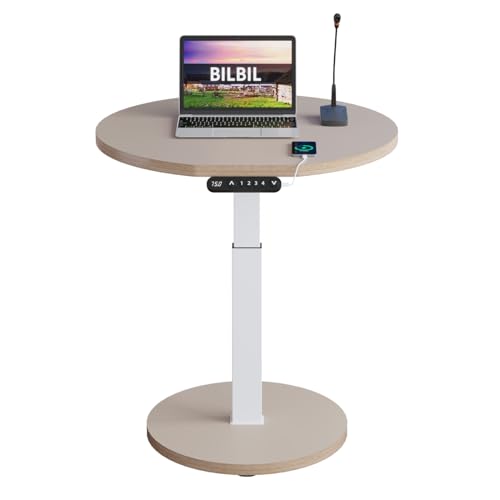 bilbil Electric Height Adjustable Standing Desk, Space-Saving Circular Design with 4-Preset Memory, Mobile Workstation for Home Office, Height-Adjustable Overbed Table, 31.5 Inch, Khaki Finish