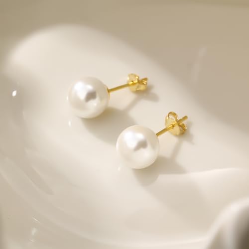 Women's 925 Sterling Silver, Plated 14K (White) Gold Pearl Earrings 8mm Shaped Button or Sphere3