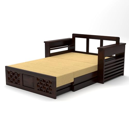 Image of NATRAJ ART & CRAFT Solid Sheesham Wooden Sofa Cums Bed with Mattress for Living Room | Rosewood 2 Seater Sofa Cums Bed for Bedroom Without Pillow (Walnut,Florex, 2 Seater)