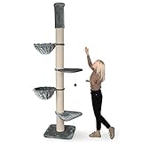 Happypet® Kratzbaum XXL deckenhoch | 250-275 cm | Premium Qualität für große Katzen | mit Deckenspanner | 17 cm Dicke Sisalstämme | 45 cm Liegemulde | geprüfte E1 Holzplatten | Main Coon | GRAU